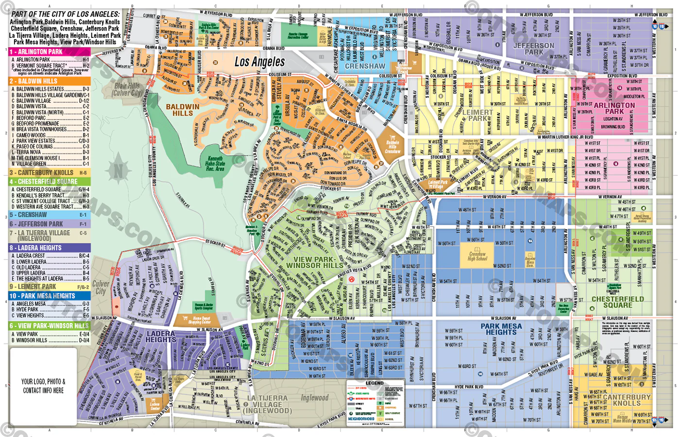 Arlington Park, Baldwin Hills, Chesterfield Square, Crenshaw, Jefferson Park, Ladera Heights, Leimert Park, Park Mesa Heights and View Park-Windsor Hills Map, Los Angeles County, CA - FILES - PDF and AI Files, editable, vector, royalty free