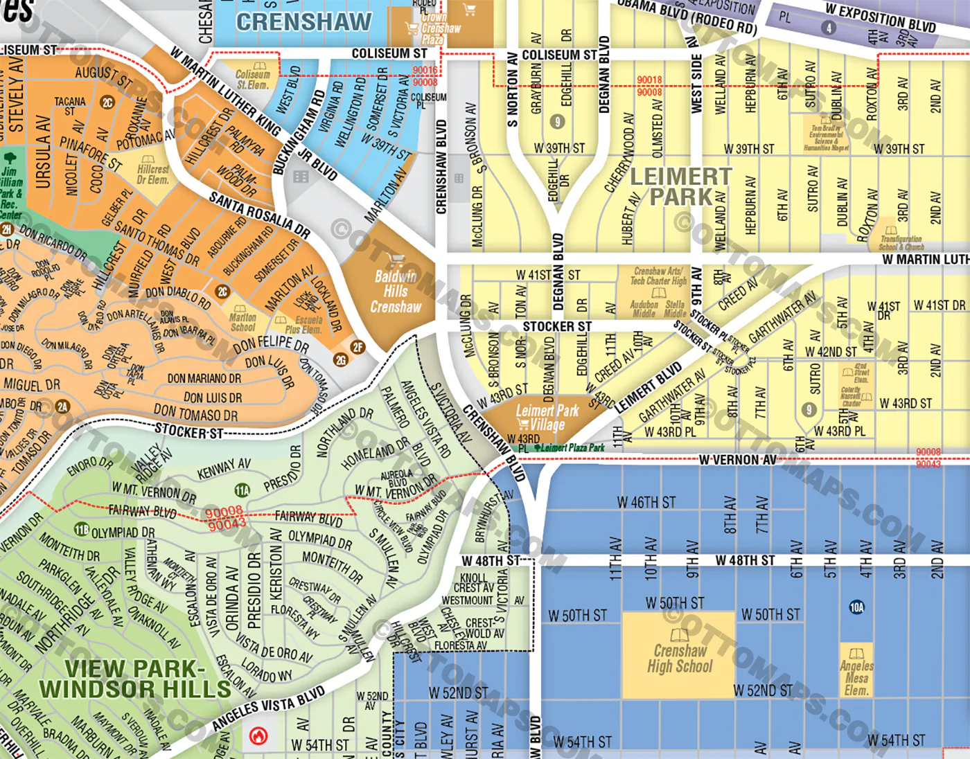 Arlington Park, Baldwin Hills, Chesterfield Square, Crenshaw, Jefferson Park, Ladera Heights, Leimert Park, Park Mesa Heights and View Park-Windsor Hills Map, Los Angeles County, CA - FILES - PDF and AI Files, editable, vector, royalty free - Image 2