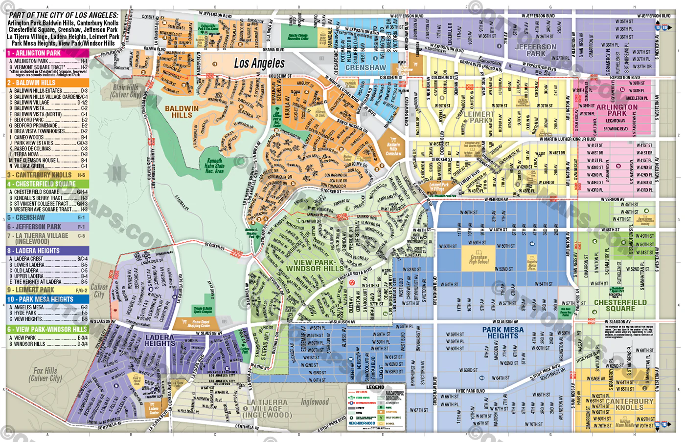 Arlington Park, Baldwin Hills, Chesterfield Square, Crenshaw, Jefferson Park, Ladera Heights, Leimert Park, Park Mesa Heights and View Park-Windsor Hills Map, Los Angeles County, CA - POSTER PRINTS - Image 2
