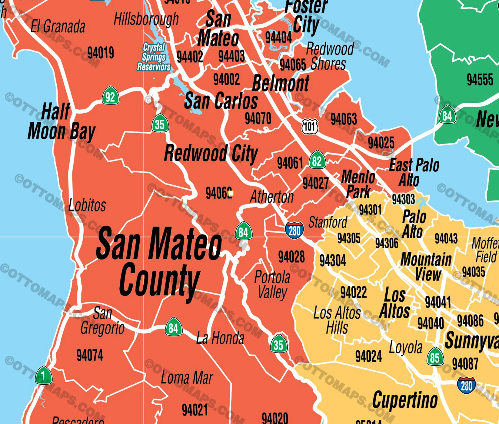 Bay Area Zip Code Map (Counties colorized) - FILES - PDF and AI Files, editable, vector, royalty free - Image 2