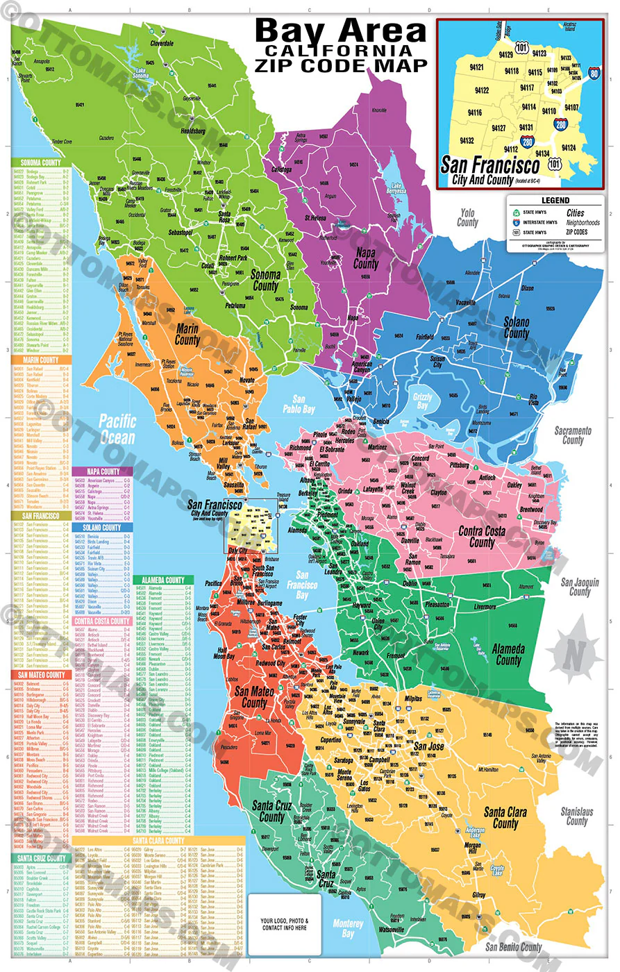 Bay Area Zip Code Map (Counties colorized) - FILES - PDF and AI Files, editable, vector, royalty free - Image 3
