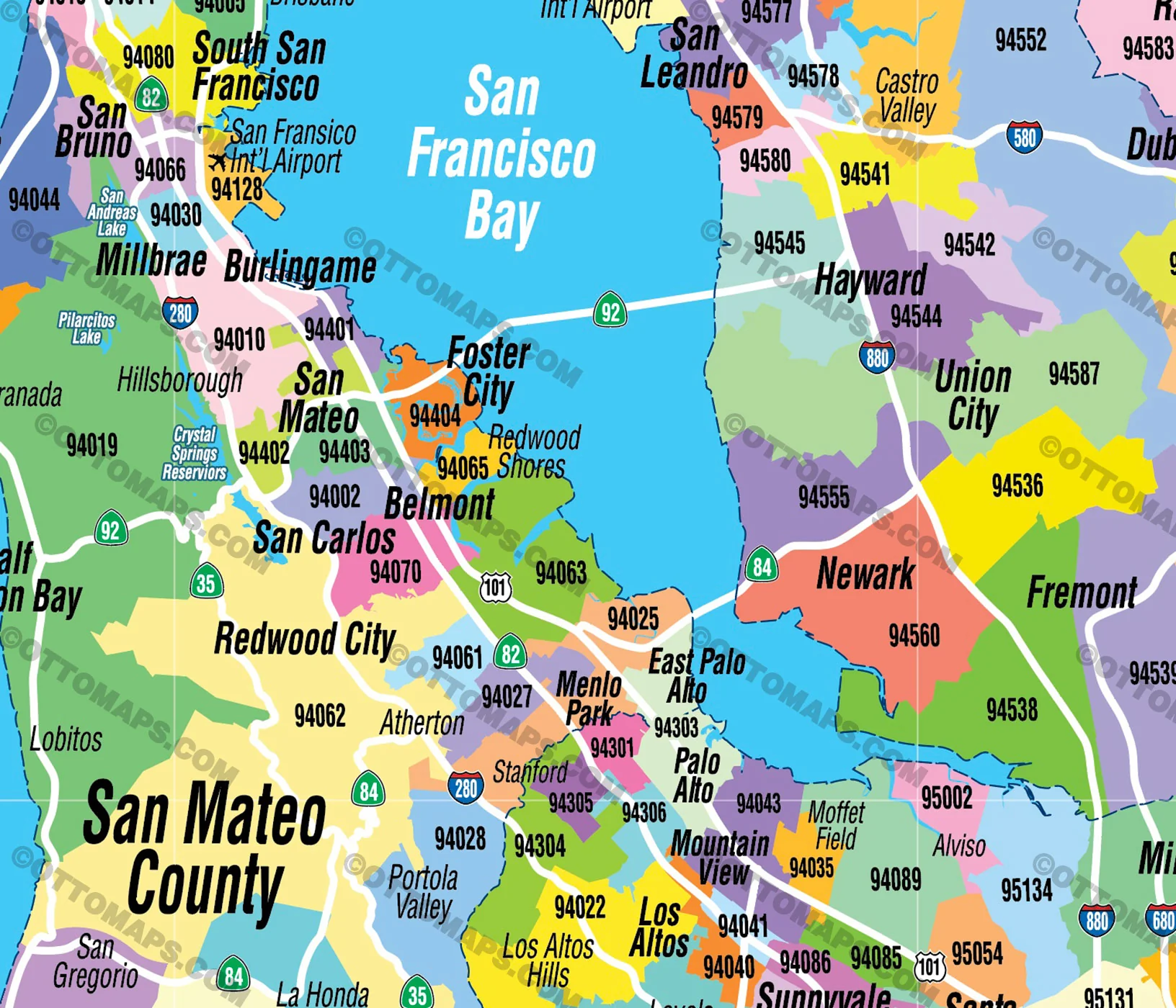 Bay Area Zip Code Map (Zip Codes colorized) - FILES - PDF and AI Files, editable, vector, royalty free - Image 2