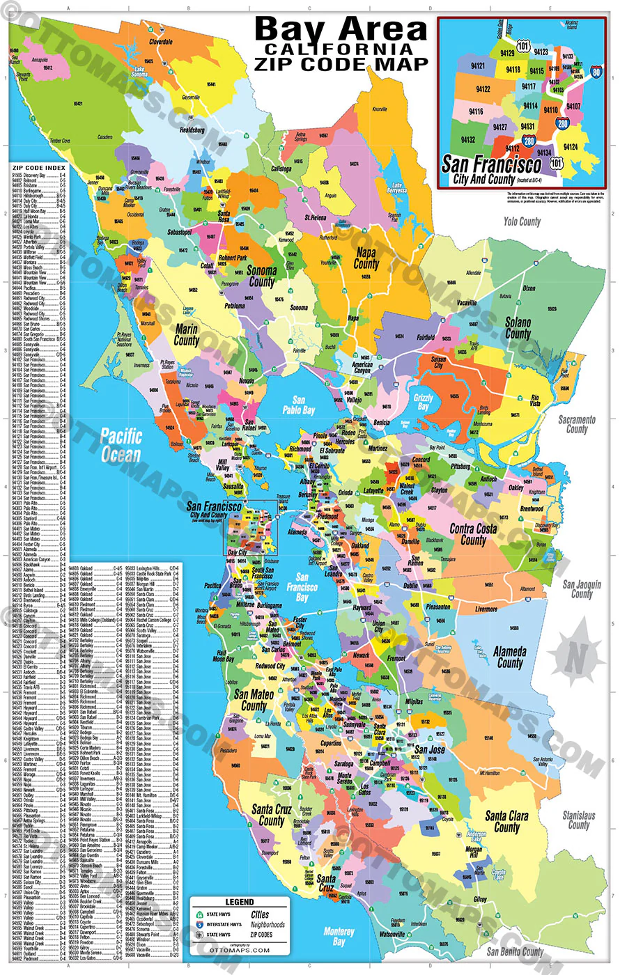 Bay Area Zip Code Map (Zip Codes colorized) - POSTER PRINTS - Image 2