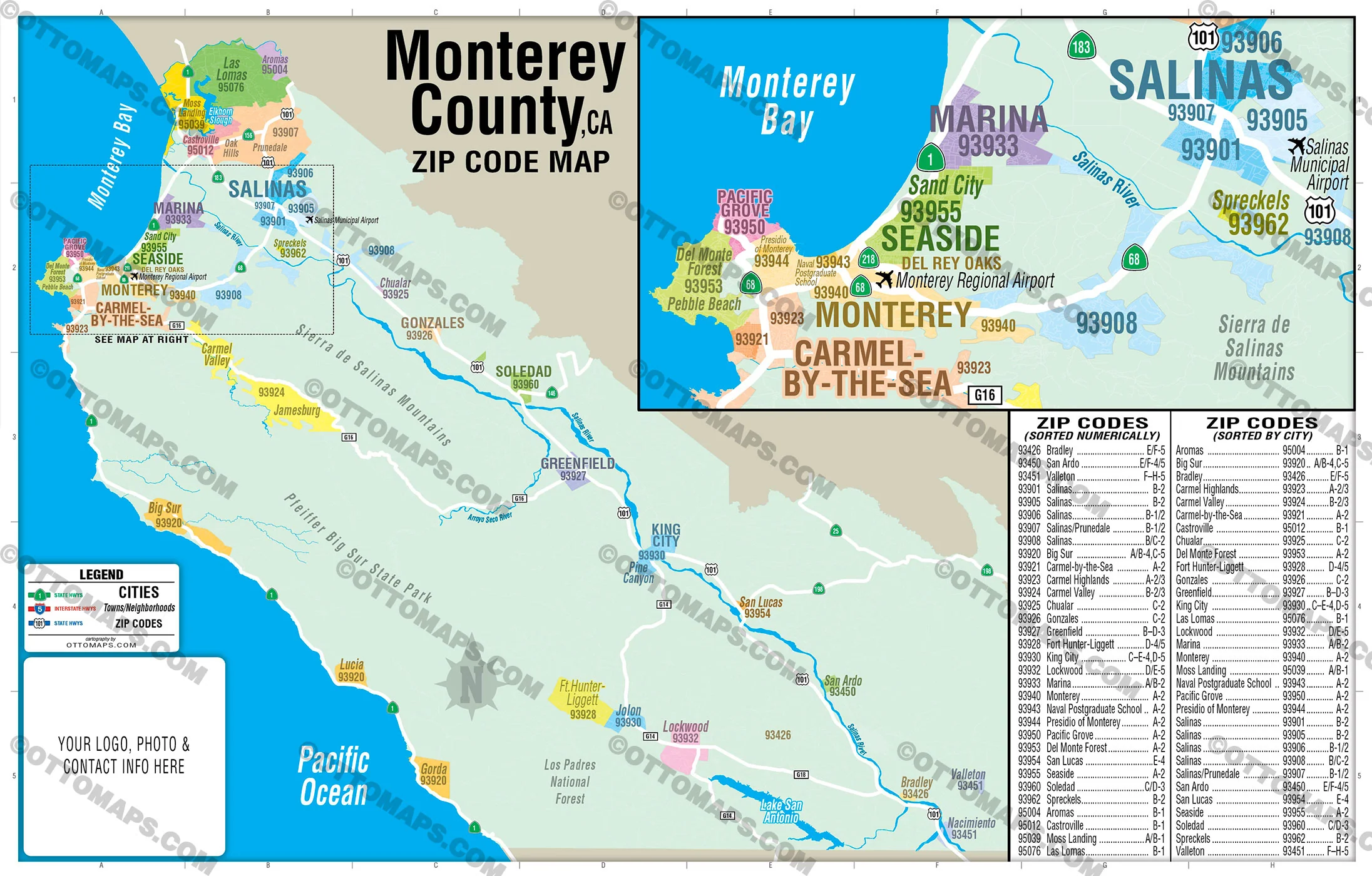 Monterey County Zip Code Map - California - FILES - PDF and AI, editable, vector, royalty free