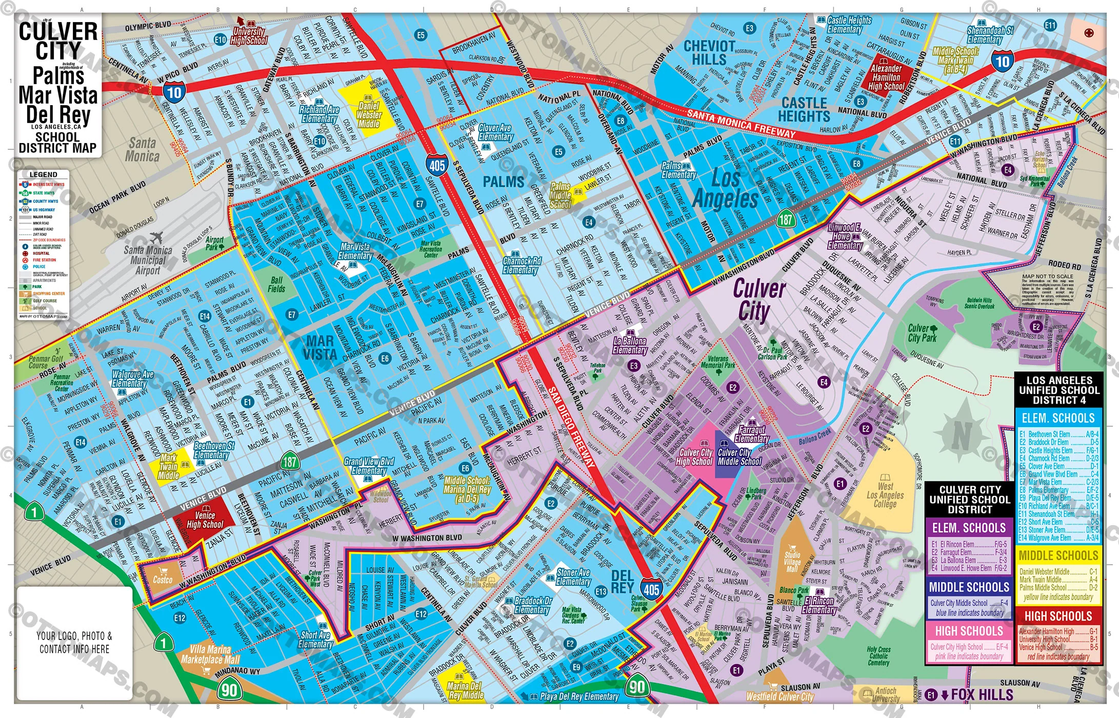 Culver City, Palms, Mar Vista, Del Rey School District Map - FILES - PDF and AI, editable, vector, royalty free