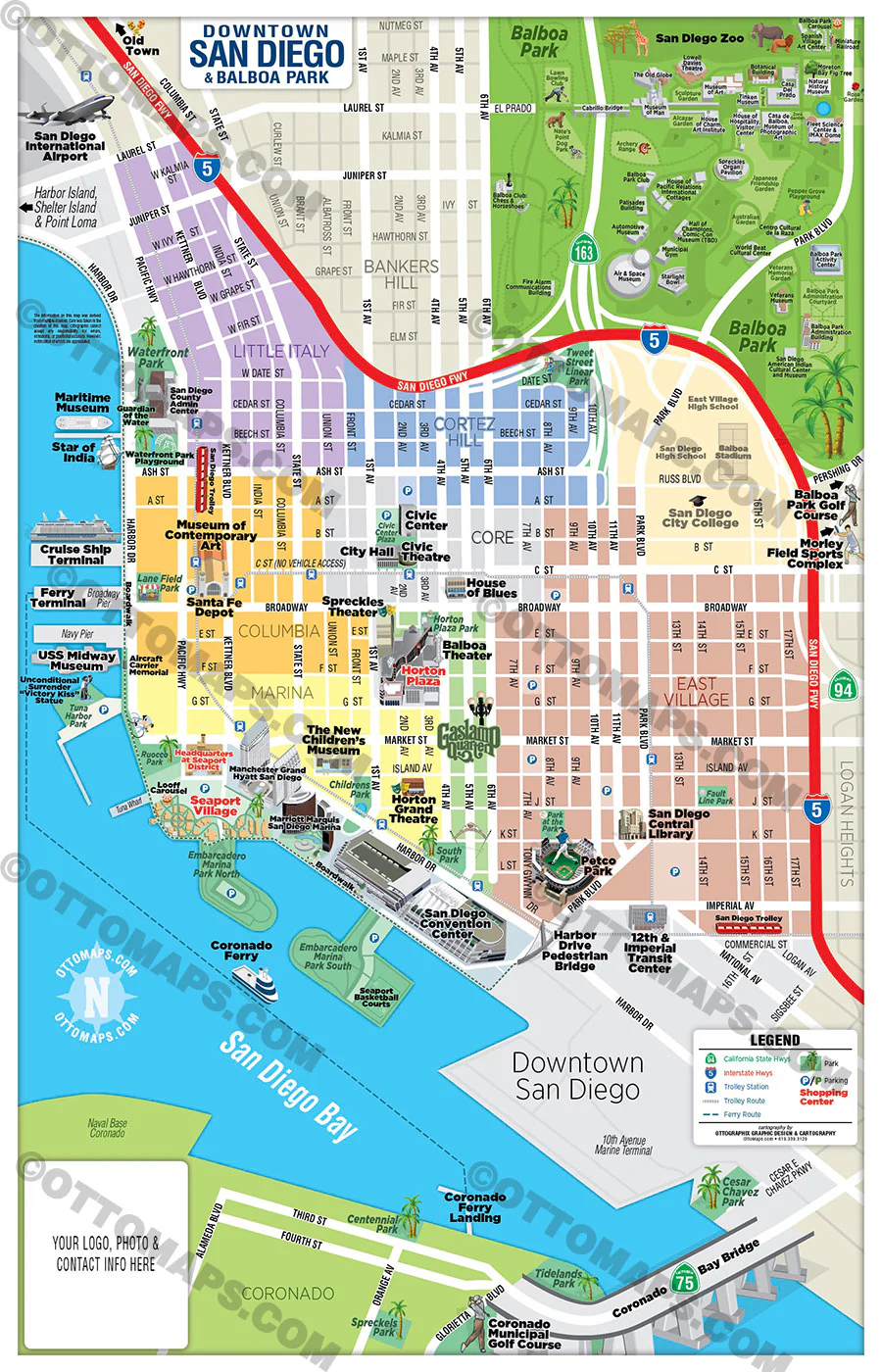 Downtown San Diego Tourist Map with Balboa Park Map - FILES - PDF and AI, editable, layered, vector, royalty free