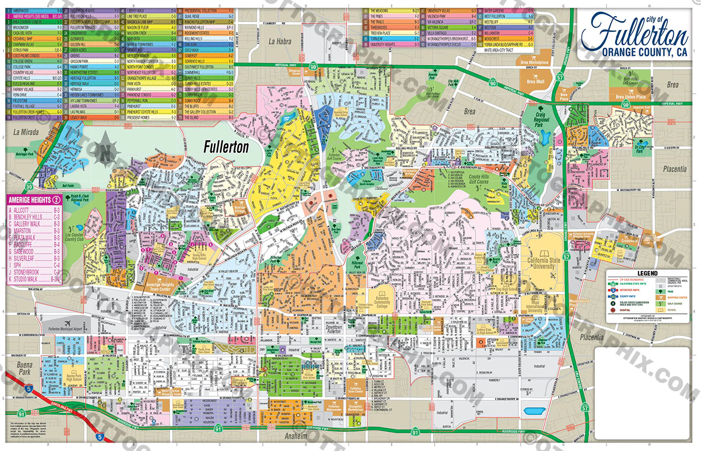 Fullerton Map, Orange County, CA - FILES - PDF and AI, editable, vector, royalty free