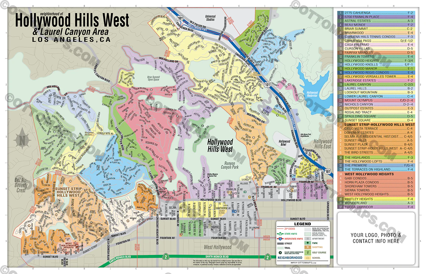 Hollywood Hills West Map and Laurel Canyon Area Map, Los Angeles, CA - FILES - PDF and AI Files, editable, vector, royalty free - Image 3