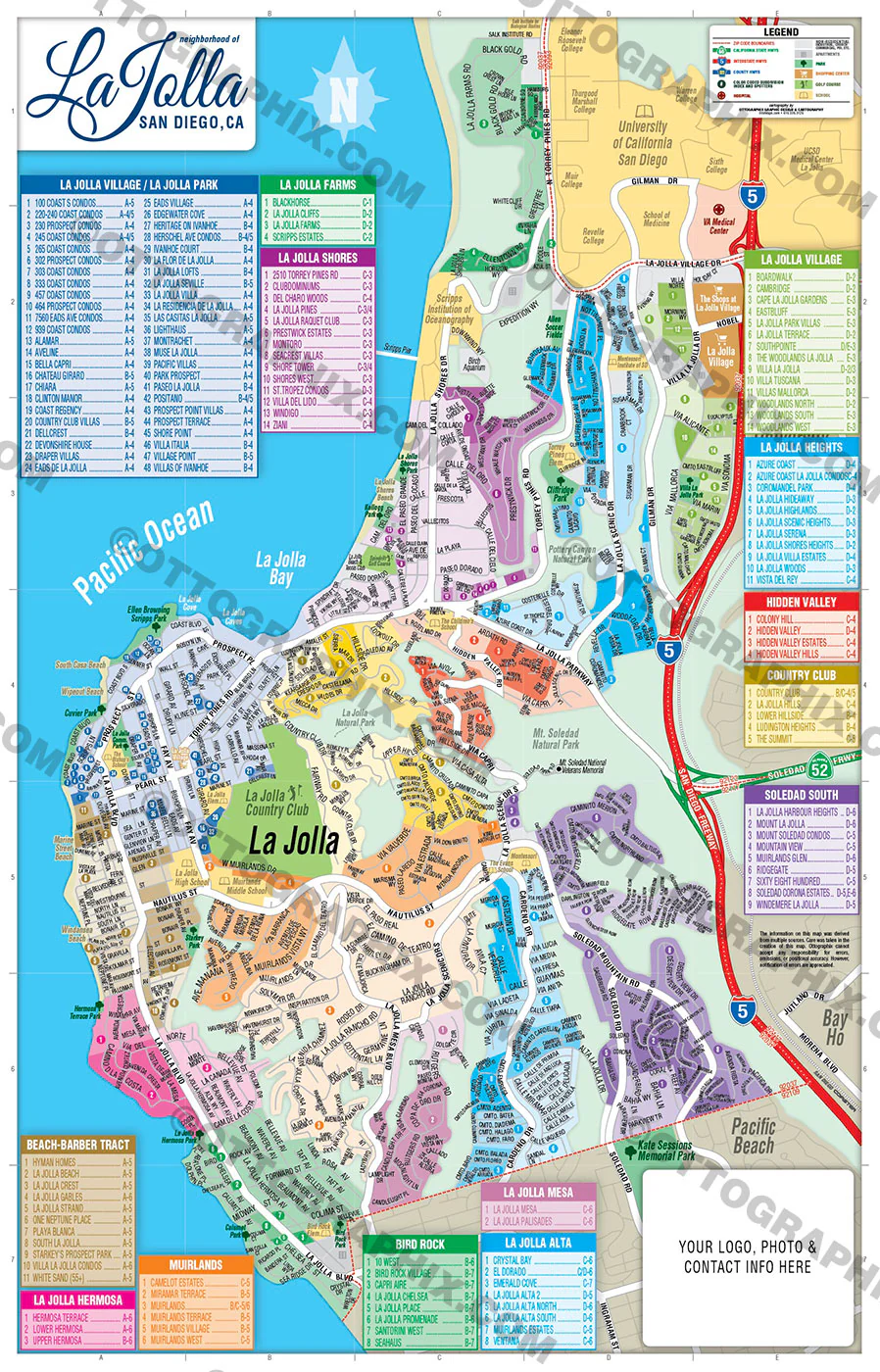 La Jolla Map, San Diego County - Neighborhoods and Subdivisions - FILES - PDF and AI, editable, vector, royalty free