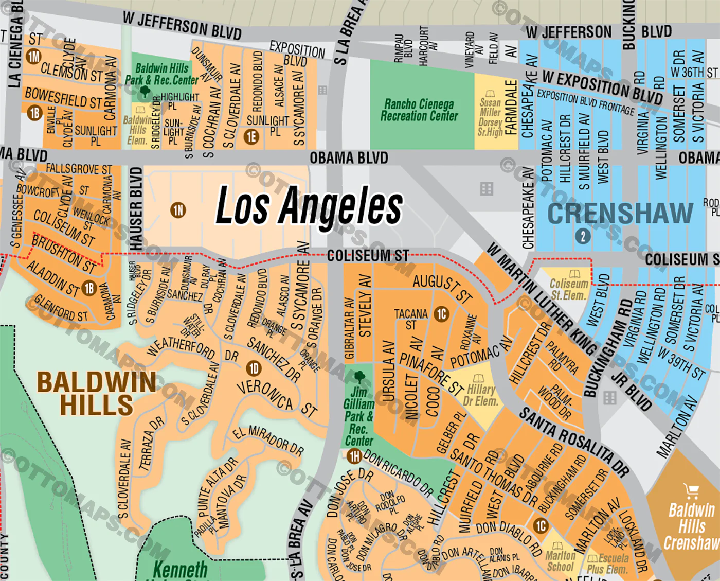 Ladera Heights, Baldwin Hills, View Park-Windsor Hills, View Heights and Crenshaw Map, LA County, CA - FILES - PDF and AI Files, editable, vector, royalty free - Image 2