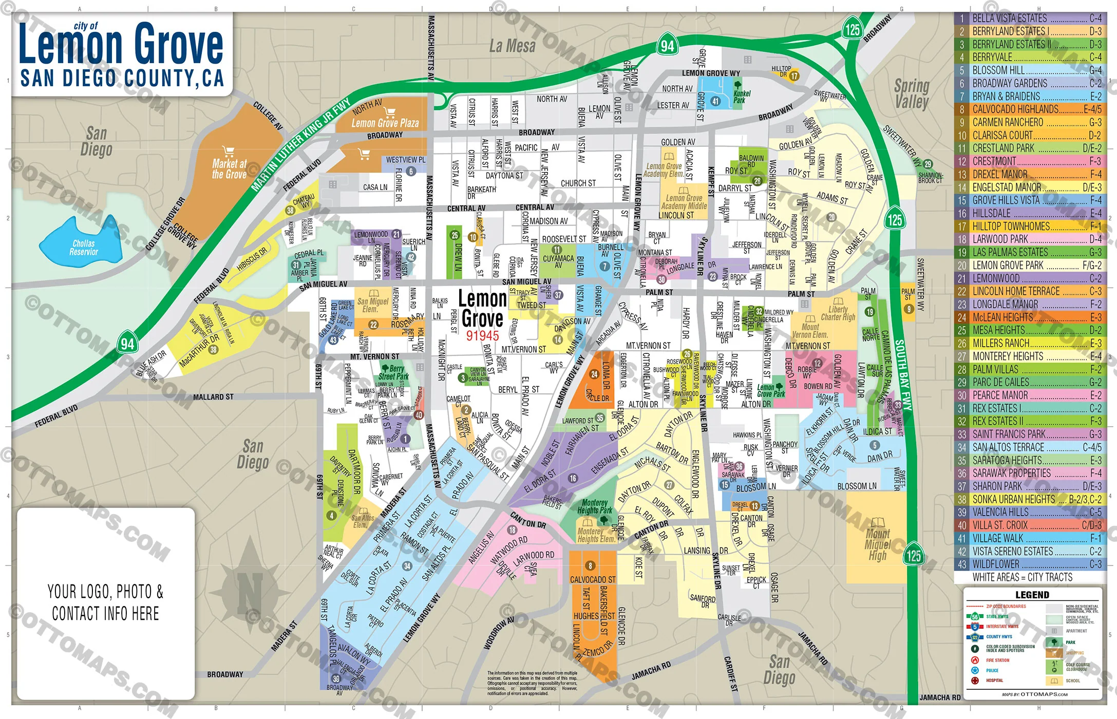 Lemon Grove Map, San Diego County, CA - FILES - PDF and AI, editable, vector, royalty free