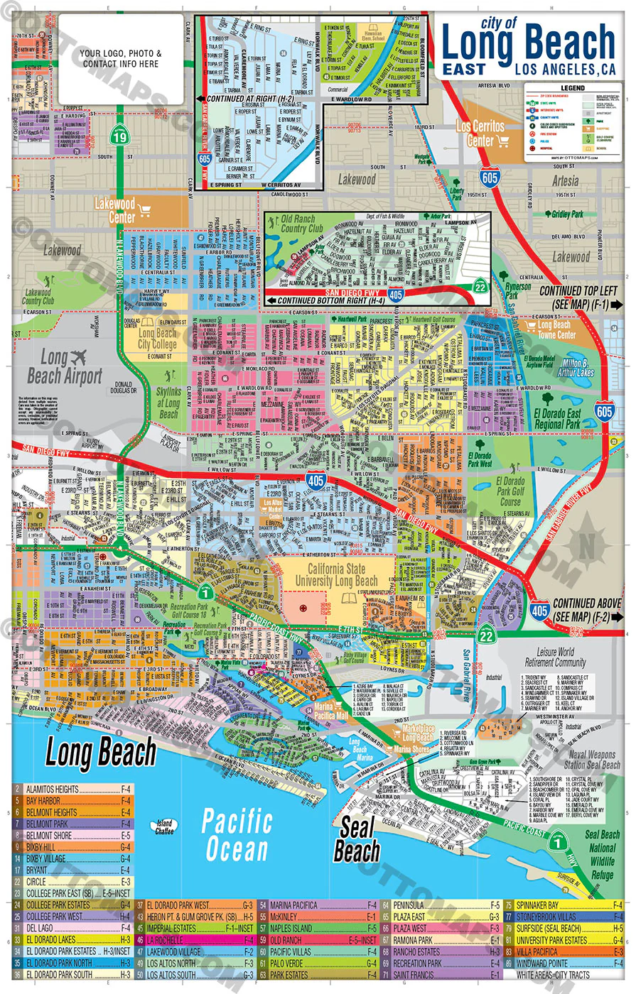 Long Beach Map EAST, Los Angeles County, CA - FILES - PDF and AI, editable, vector, royalty free