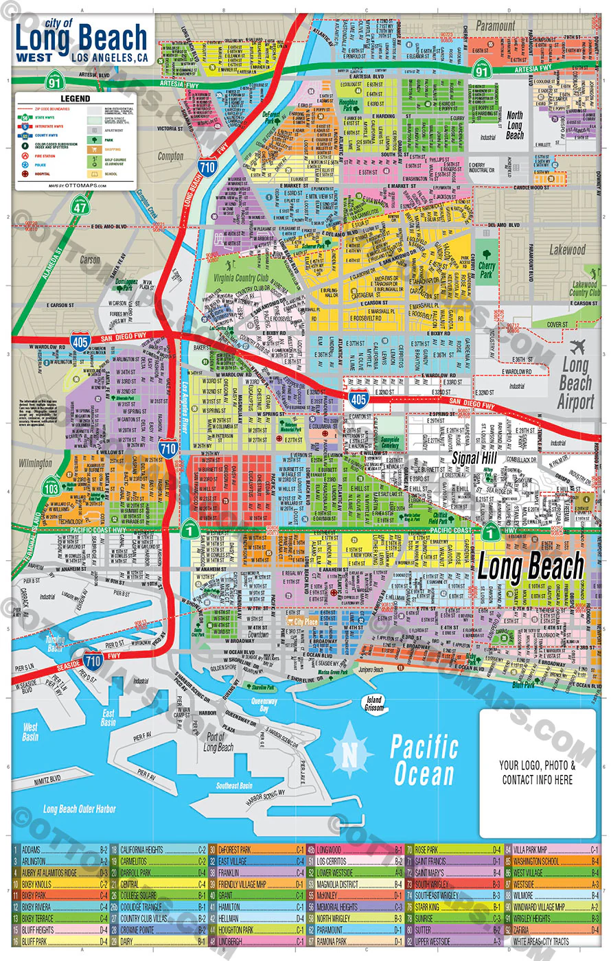 Long Beach Map WEST, Los Angeles County, CA - FILES - PDF and AI, editable, vector, royalty free