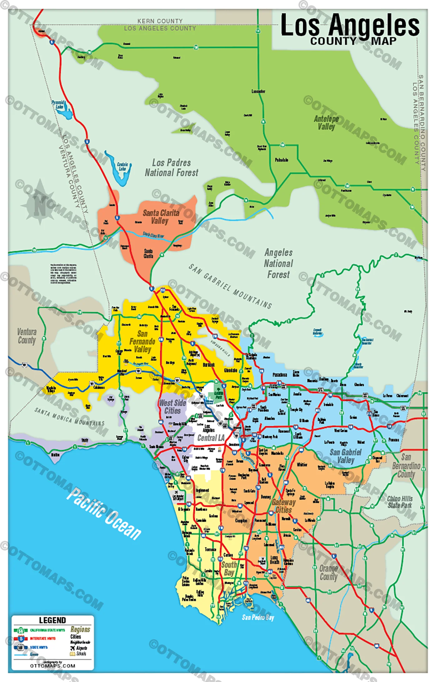 Los Angeles County Map - Regions Colorized (No Zip Codes) - FILES - PDF and AI - Image 3