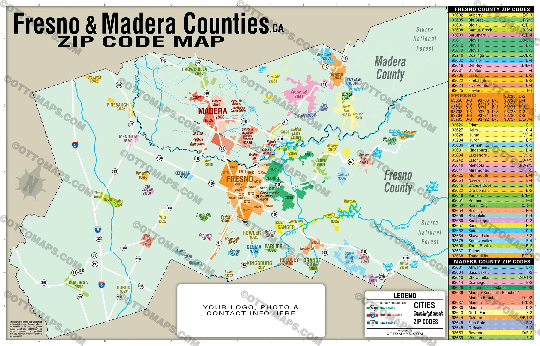 Madera and Fresno Counties Zip Code Map - California - FILES - PDF and AI, editable, vector, royalty free