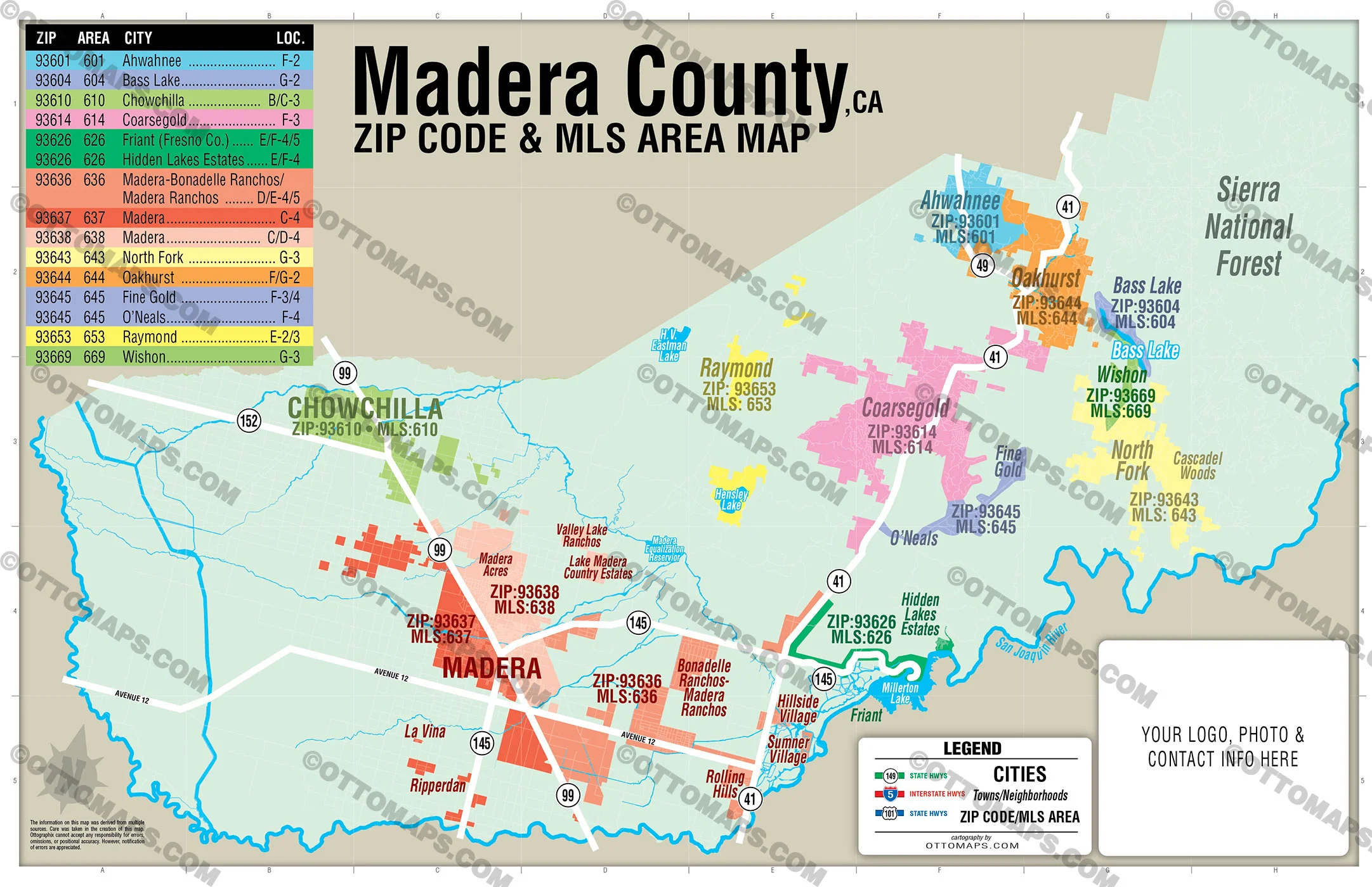 Madera County Combo Map - Zip Codes and MLS Areas - FILES - PDF and AI, editable, vector, royalty free - Image 3