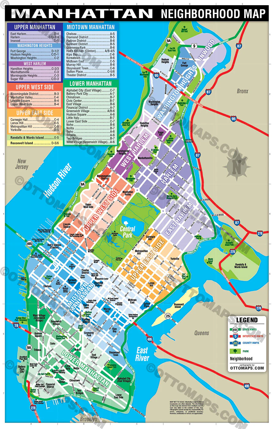 Manhattan Neighborhood Map (no zip codes), New York, NY - FILES - PDF and AI, editable, vector, royalty free - Image 3