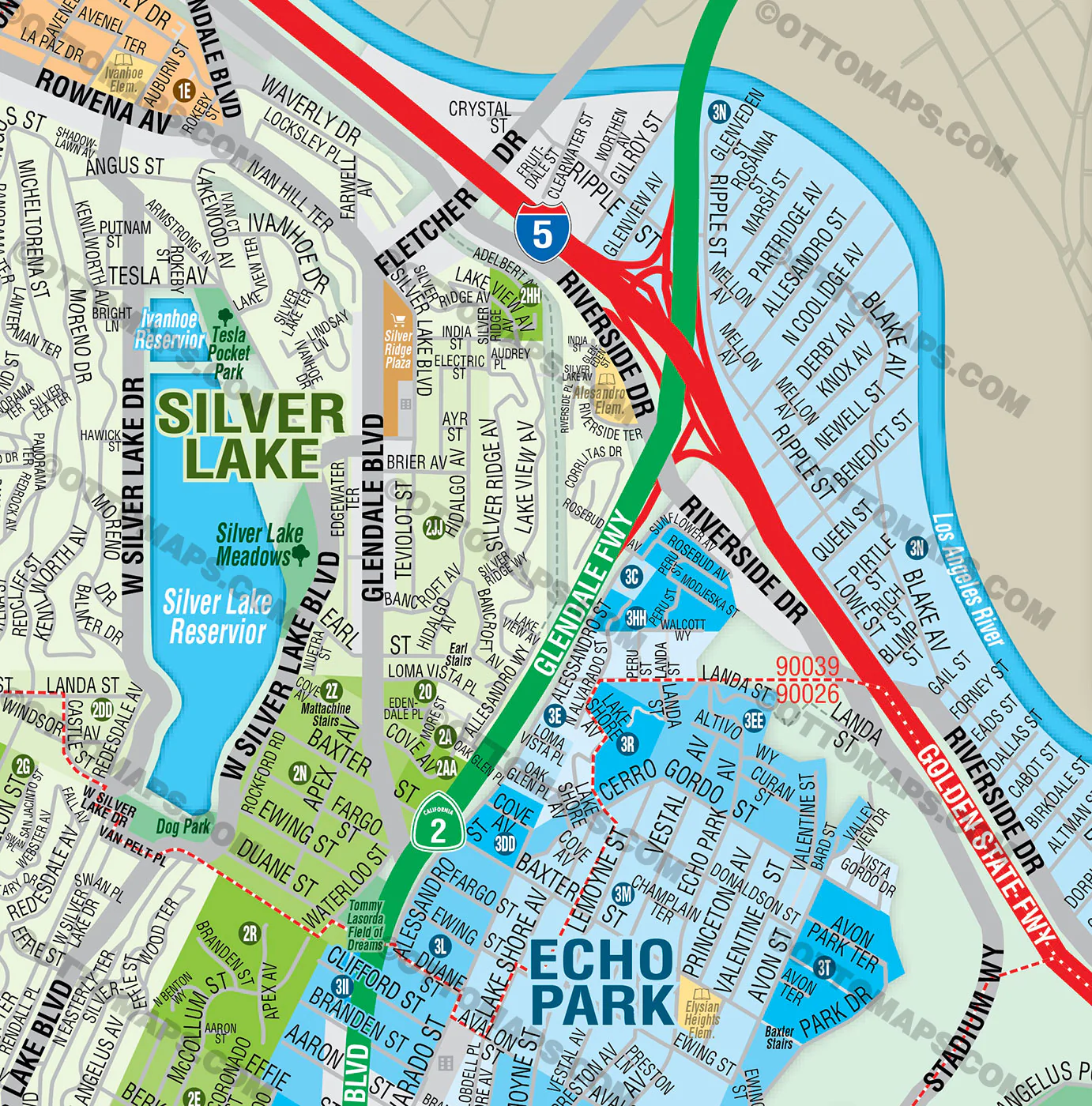 MidEast Los Angeles Map - with Silverlake, Los Feliz, Historic Filipinotown, Westlake and Pico-Union - FILES - PDF and AI, editable, vector, royalty free - Image 2