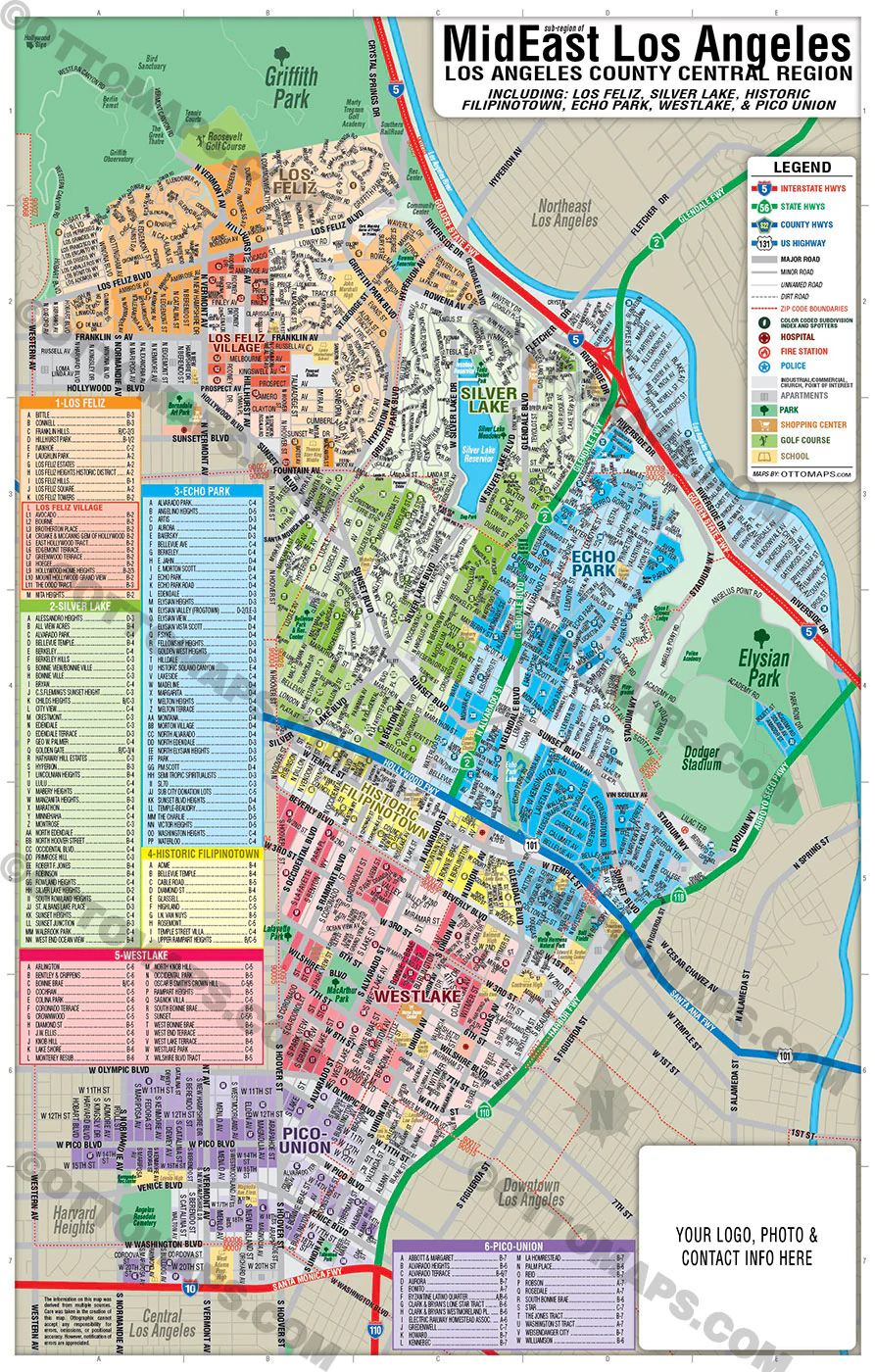 MidEast Los Angeles Map - with Silverlake, Los Feliz, Historic Filipinotown, Westlake and Pico-Union - FILES - PDF and AI, editable, vector, royalty free - Image 3