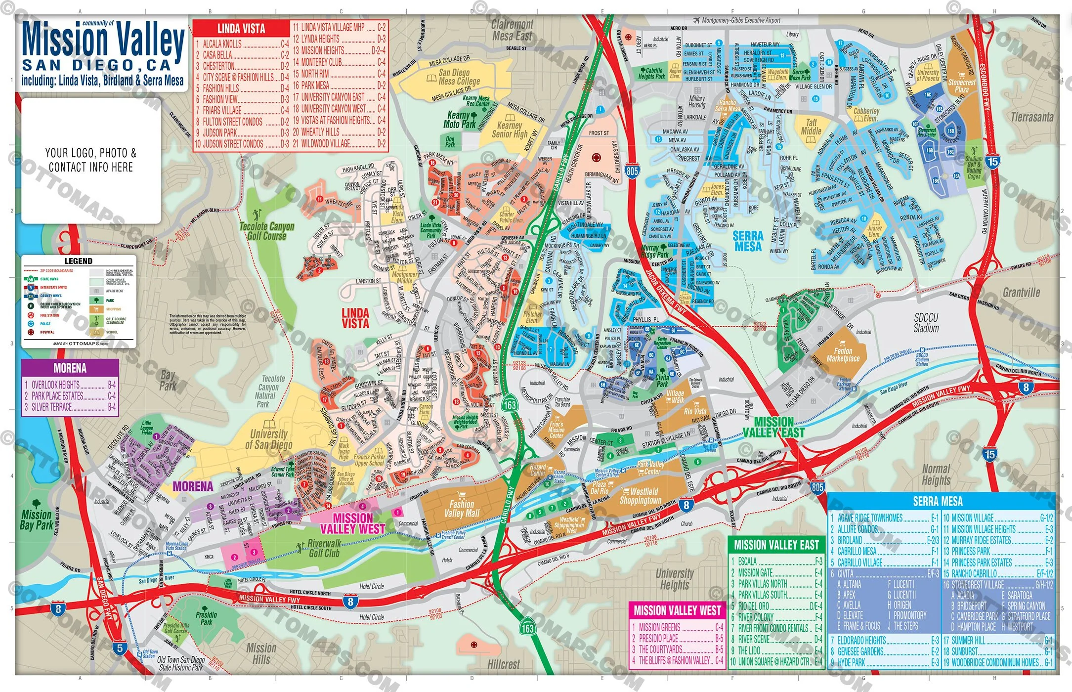 Mission Valley Map including Linda Vista, Morena and Serra Mesa - FILES - PDF and AI, editable, vector, royalty free