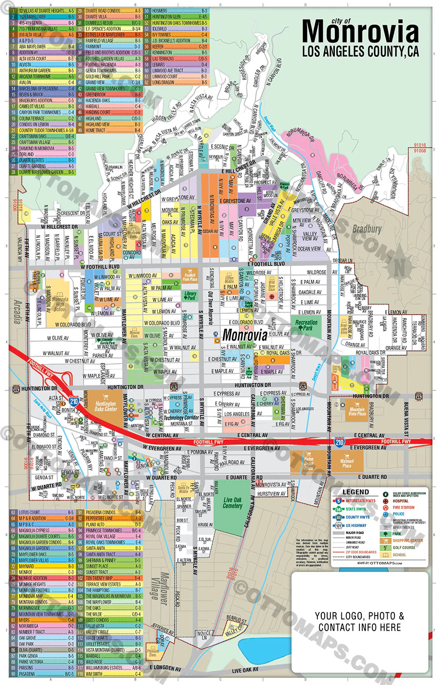 Monrovia Map, Los Angeles County, CA - FILES - PDF and AI, editable, vector, royalty free