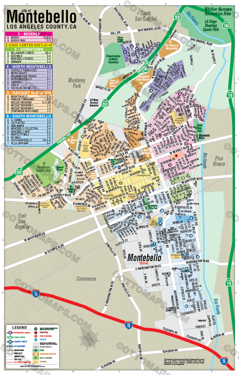 Montebello Map, Los Angeles County, CA - FILES - PDF and AI, editable, vector, royalty free