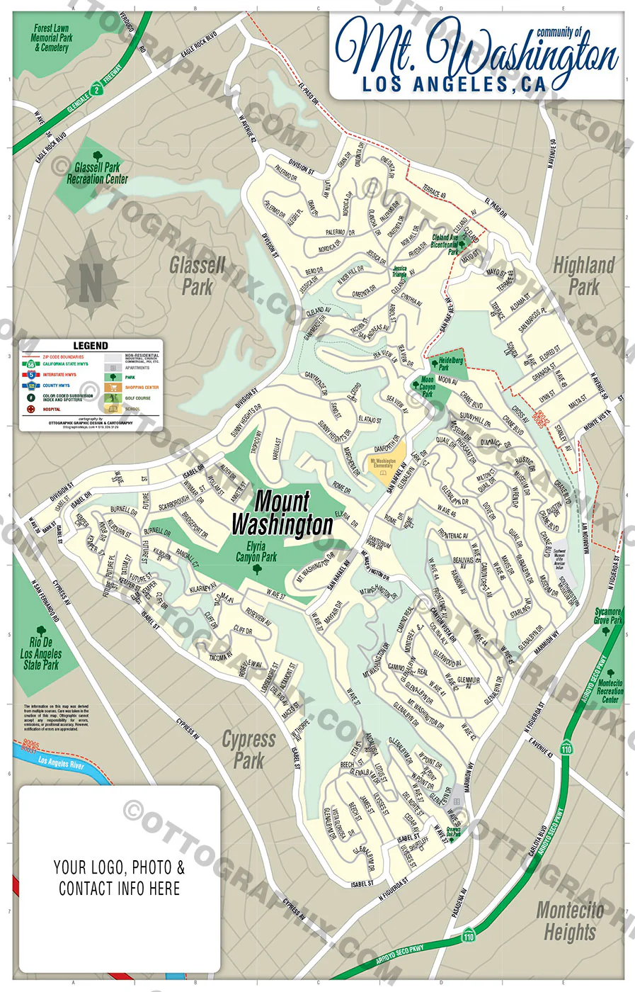 Mt. Washington Map, Los Angeles County, CA - FILES - PDF and AI, editable, vector, royalty free
