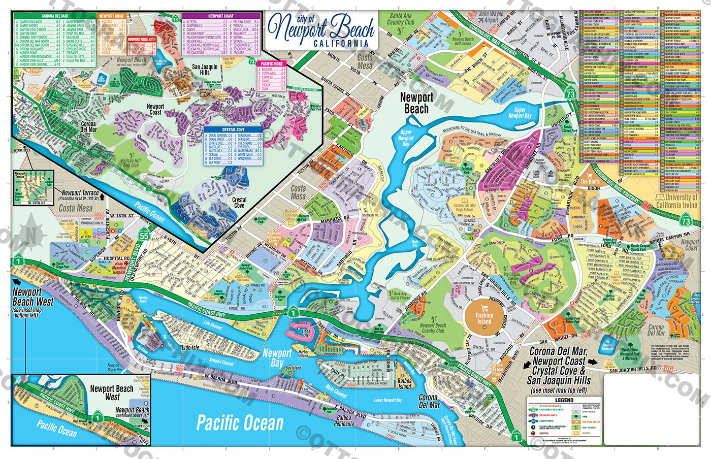 Newport Beach Map with Crystal Cove, Orange County, CA - FILES - PDF and AI, editable, vector, royalty free