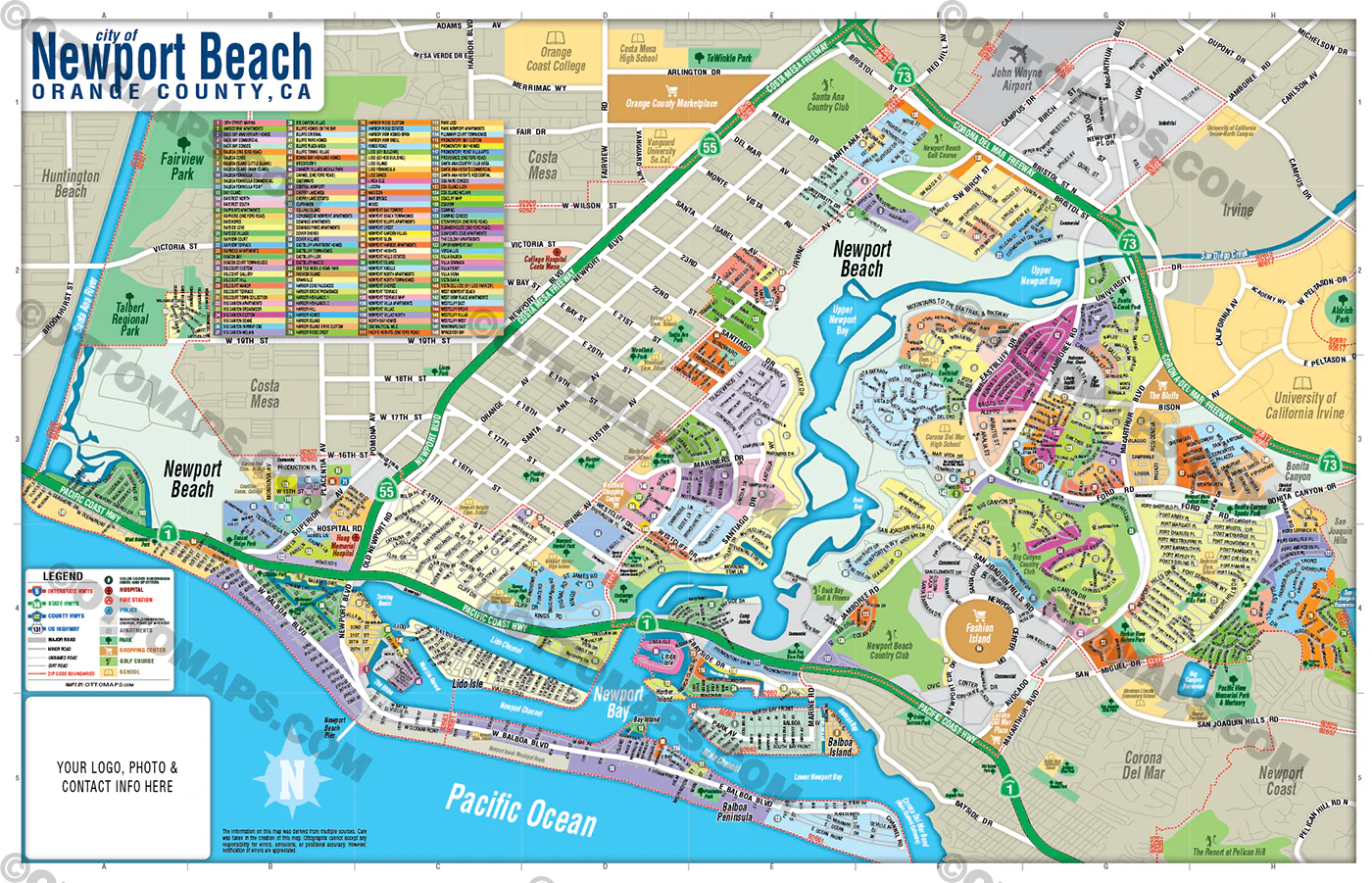 Newport Beach Map, Orange County, CA - FILES - PDF and AI, editable, vector, royalty free