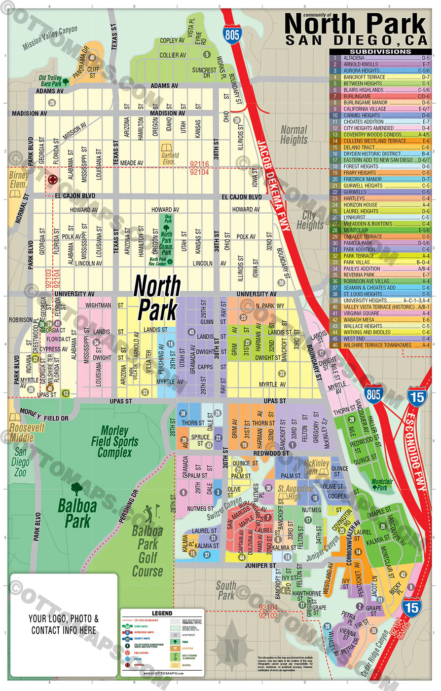 North Park Subdivision Map, San Diego, CA - FILES - PDF and AI, editable, vector, royalty free
