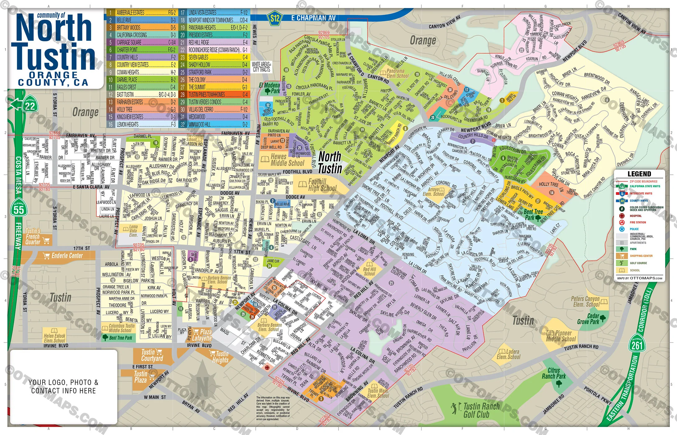 North Tustin Map, Orange County, CA - FILES - PDF and AI, editable, vector, royalty free