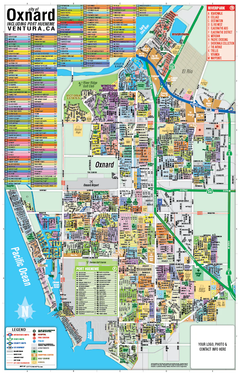 Oxnard and Port Hueneme Map, Ventura County, CA - FILES - PDF and AI Files, editable, vector, royalty free