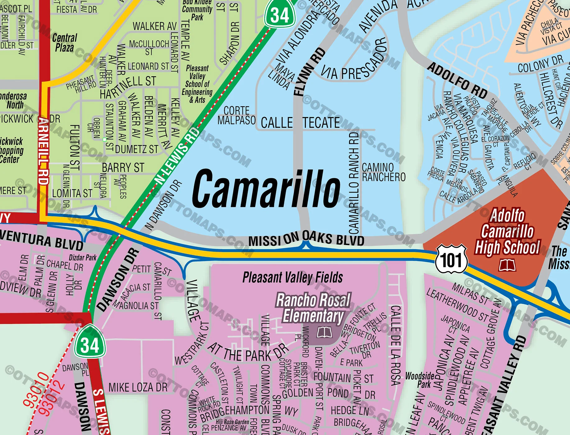 Pleasant Valley School District Map including Camarillo and Santa Rosa Valley - Ventura County, CA - FILES - PDF and AI, editable, vector, royalty free - Image 2