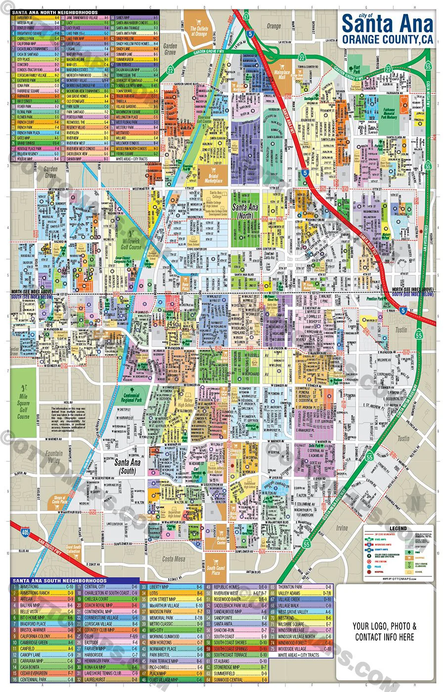 Santa Ana Map, Orange County, CA (3 Versions: Full, North & South) - FILES - PDF and AI, editable, vector, royalty free