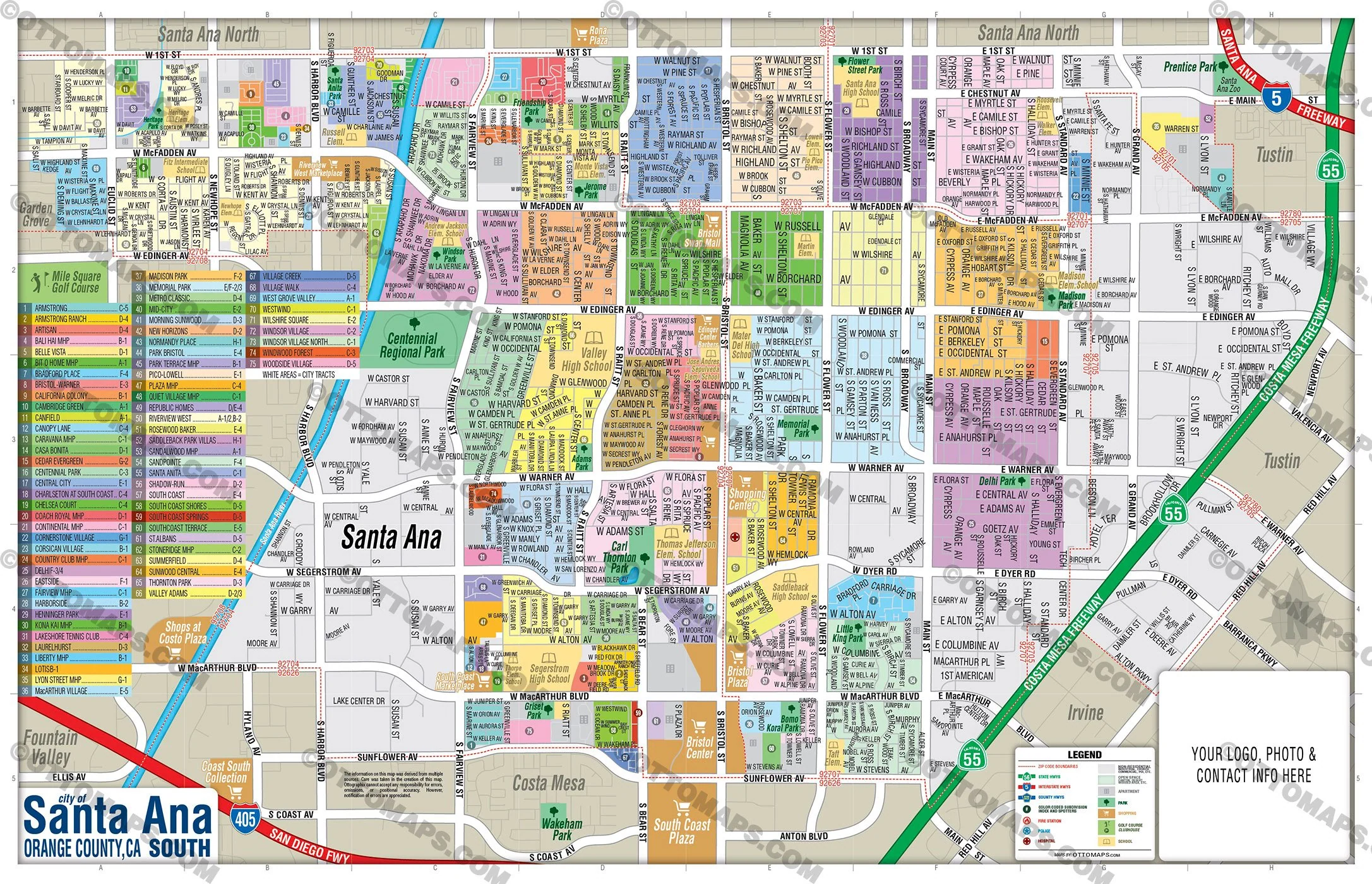 Santa Ana Map SOUTH, Orange County, CA - FILES - PDF and AI, editable, vector, royalty free