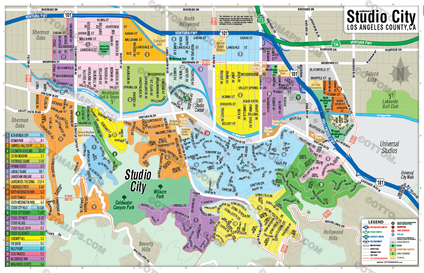 Studio City Map, Los Angeles County, CA - FILES - PDF and AI, editable, vector, royalty free