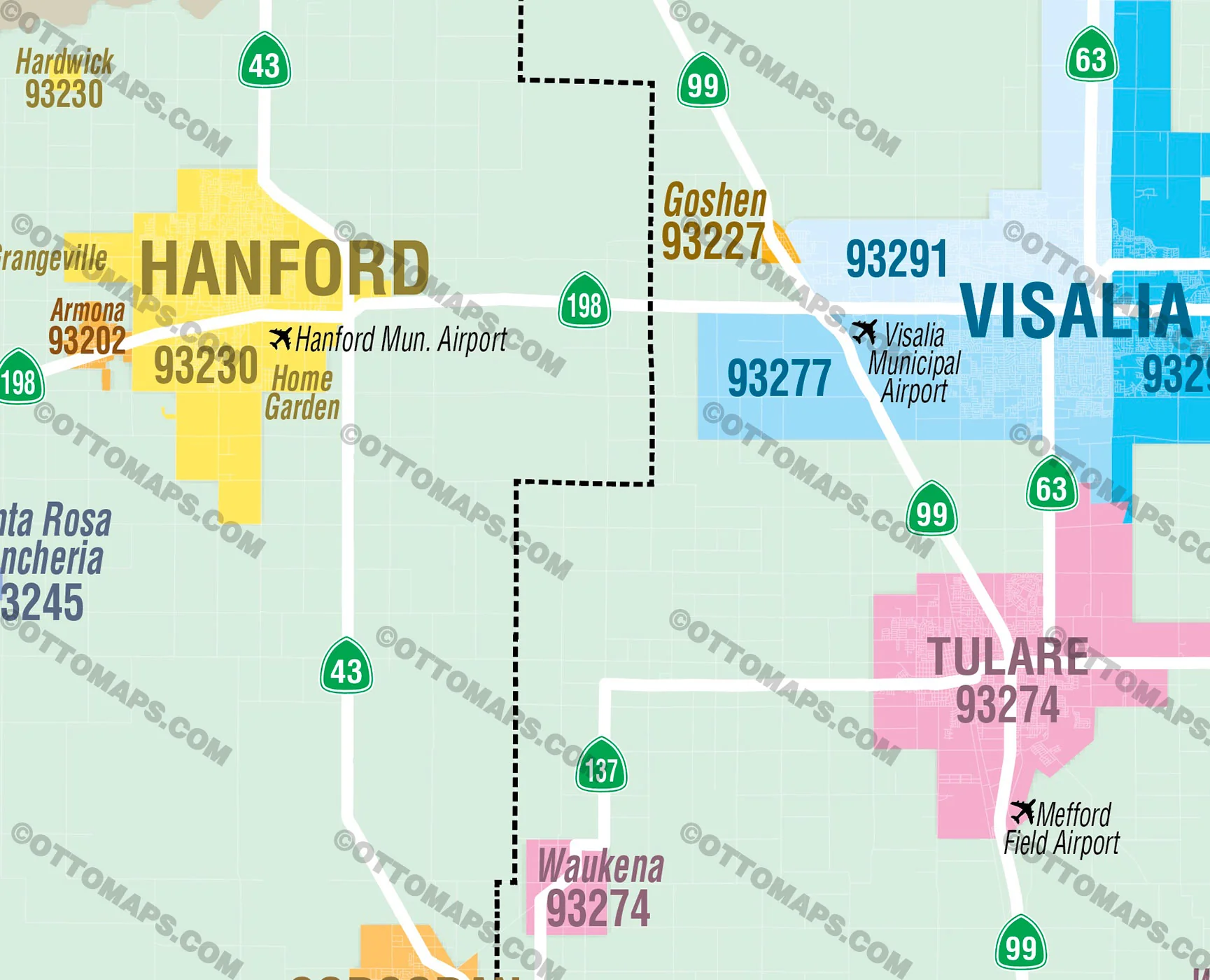 Tulare County and Kings County Zip Code Map - California - FILES - PDF and AI, editable, vector, royalty free - Image 2