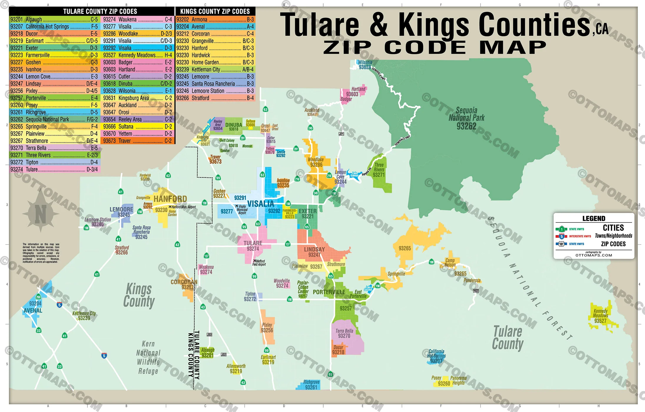Tulare County and Kings County Zip Code Map - California - FILES - PDF and AI, editable, vector, royalty free - Image 3