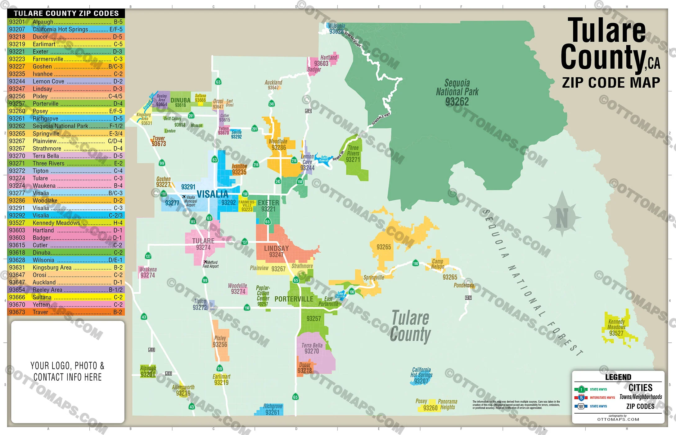 Tulare County Zip Code Map - California - FILES - PDF and AI, editable, vector, royalty free