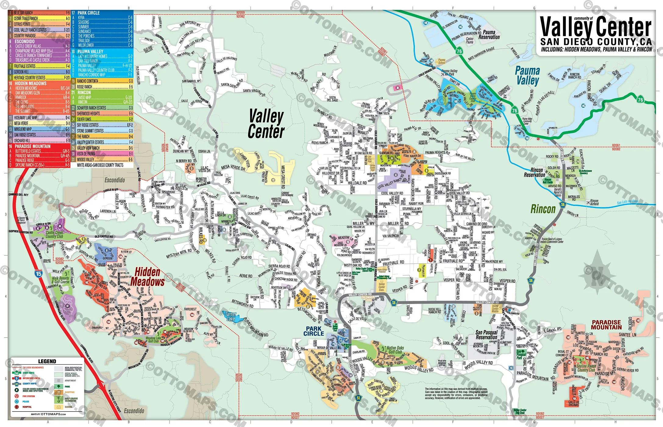 Valley Center Map with Hidden Meadows, Rincon and Pauma Valley, San Diego County, CA - FILES - PDF and AI, editable, vector, royalty free - Image 3