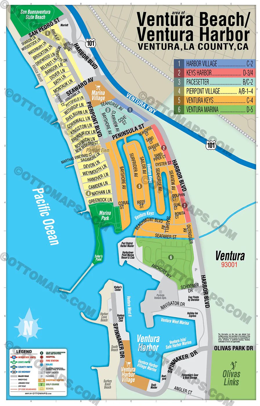 Ventura Beach Map / Ventura Harbor Map, Ventura, CA - FILES - PDF and AI, editable, vector, royalty free