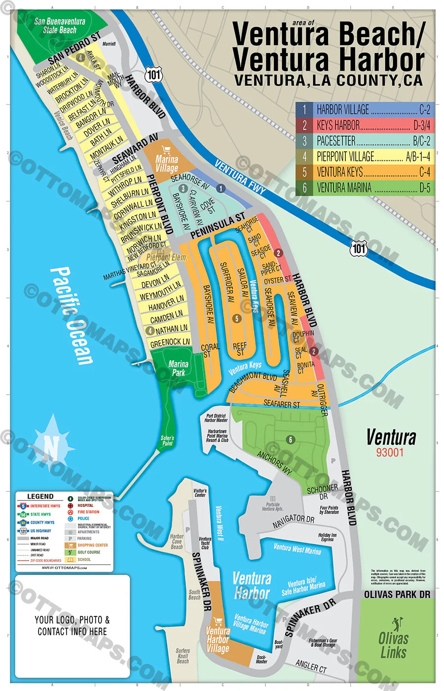 Ventura Beach Map / Ventura Harbor Map, Ventura, CA - FILES - PDF and AI, editable, vector, royalty free - Image 2