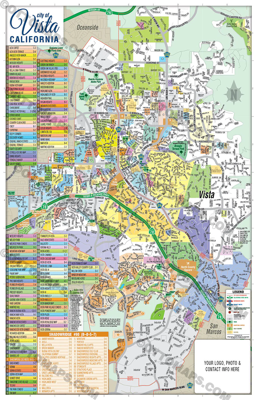 Vista Map - FULL (comes with 3 maps: Full, North & South), San Diego County, CA - FILES - PDF and AI, editable, vector, royalty free
