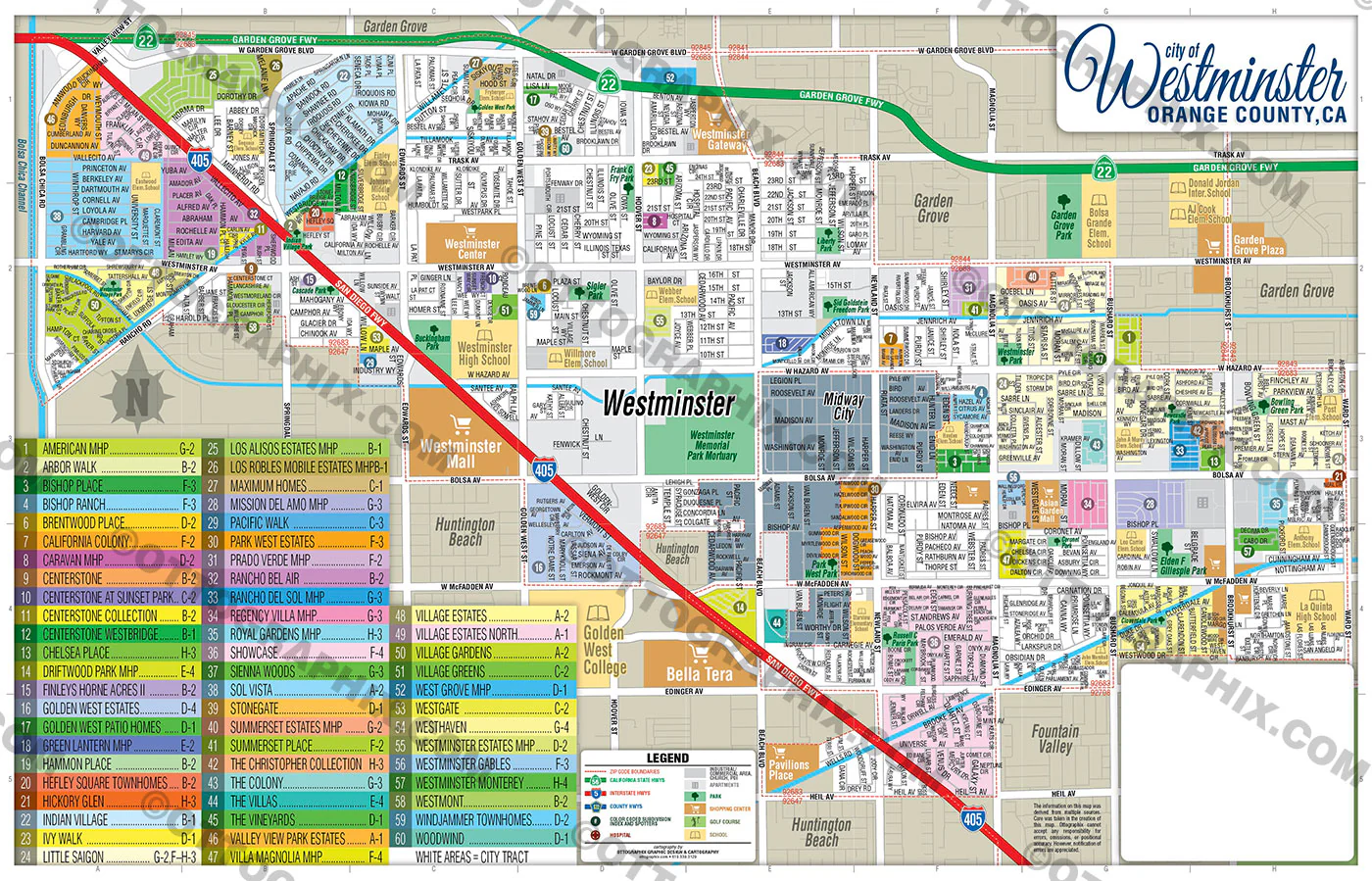 Westminster Map, Orange County, CA - FILES - PDF and AI, editable, vector, royalty free