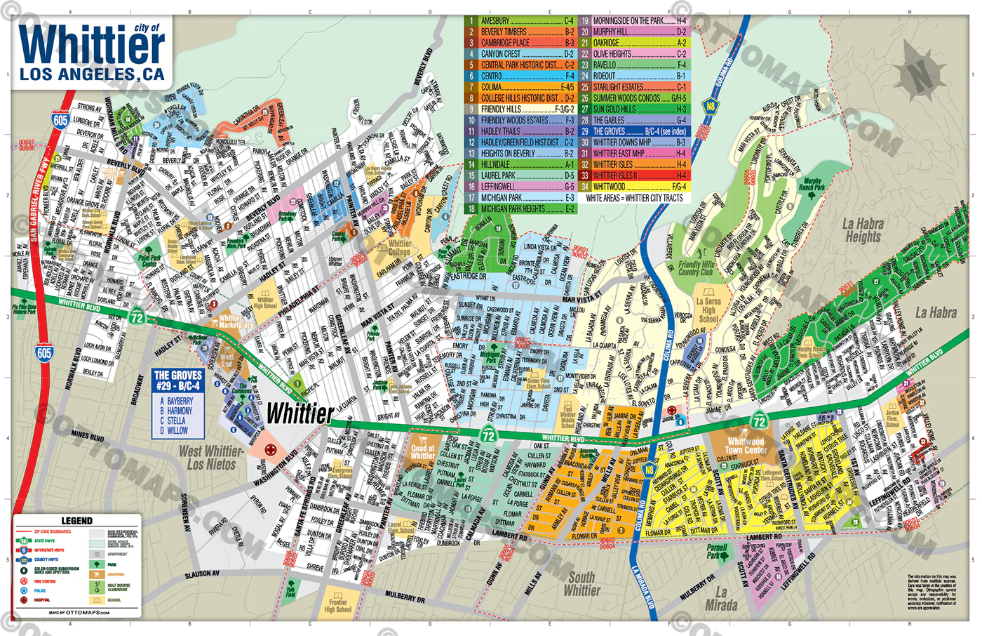Whittier Map, Los Angeles County, CA - POSTER PRINTS